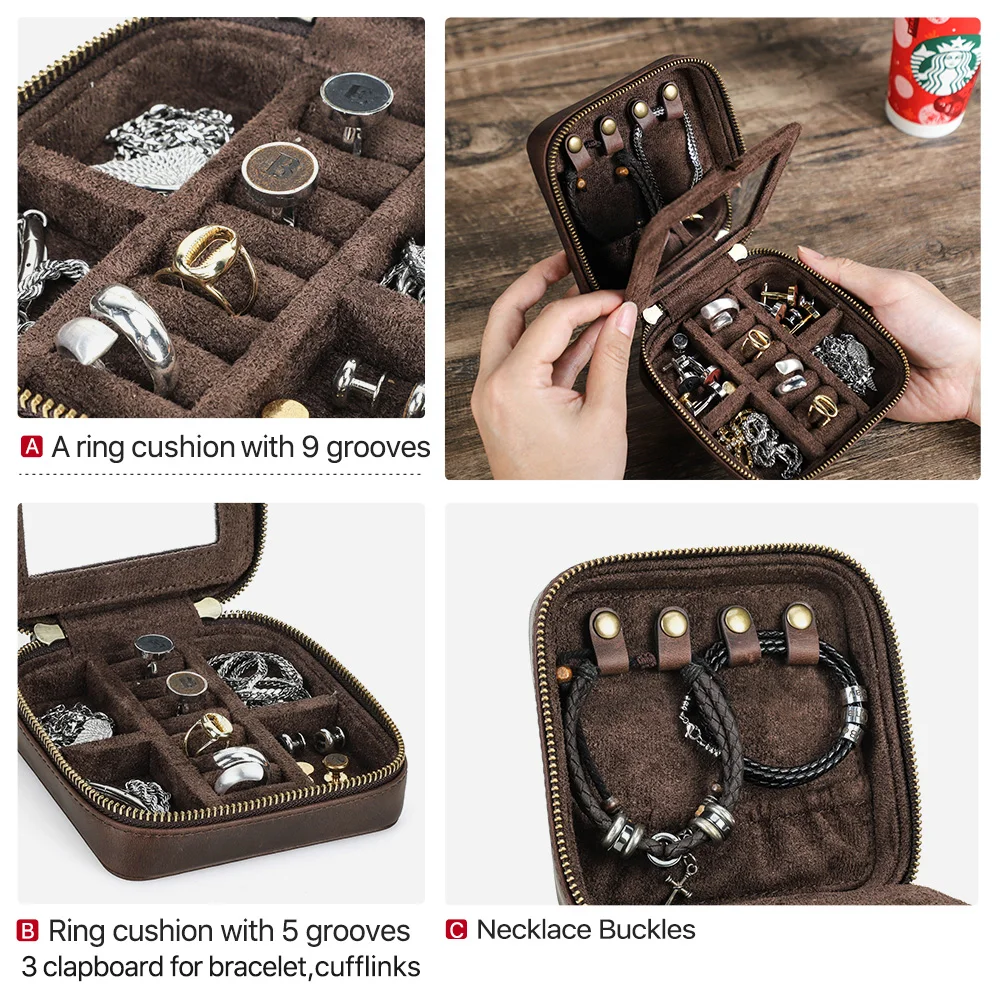 Luxury Cowhide Leather Travel Jewelry Ring Necklace Bracelet Box Portable Storage Square Case with Mirror High Capacity Gift