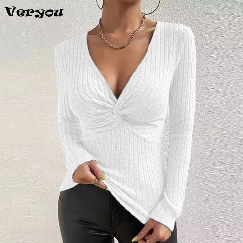 

Solid Elegant Knitted Long Sleeve V-neck Sexy Fit Sweater Women Knotted Pullover Knitwears 2023 Autumn Winter Office Lady Blouse