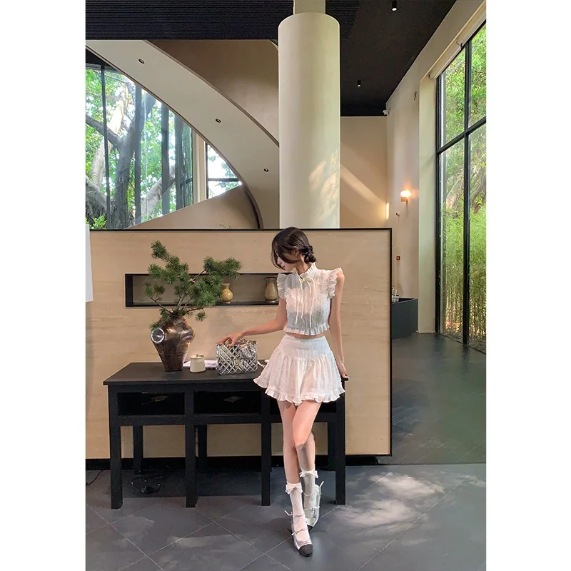 

Plus Size RUYAN Summer 2024 Faionable ort Skirt with Fly Sve And Chinese Sle Button Floral Top High Waist Cake Skirt