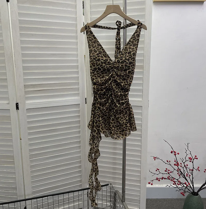 2026 Summer New Sexy Leopard Print Halter Neck Streamer Vest V-neck Spice Girl Sleeveless Chiffon Y2k Top