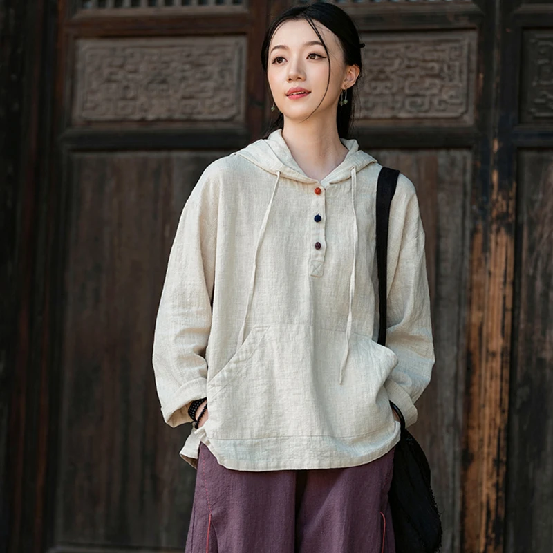 Femmes coton lin décontracté sweats à capuche nouveauté 2025 automne Style Vintage couleur unie femme à manches longues pulls à capuche M1838