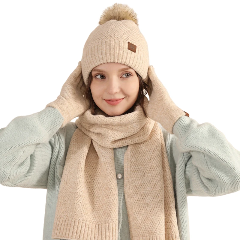 Winter warme Woll mütze Schal Handschuhe Set für Frauen Fleece gefütterte Kabel Mütze mit Pom Pom langen Schal Touchscreen Handschuhe 3 in 1 Set