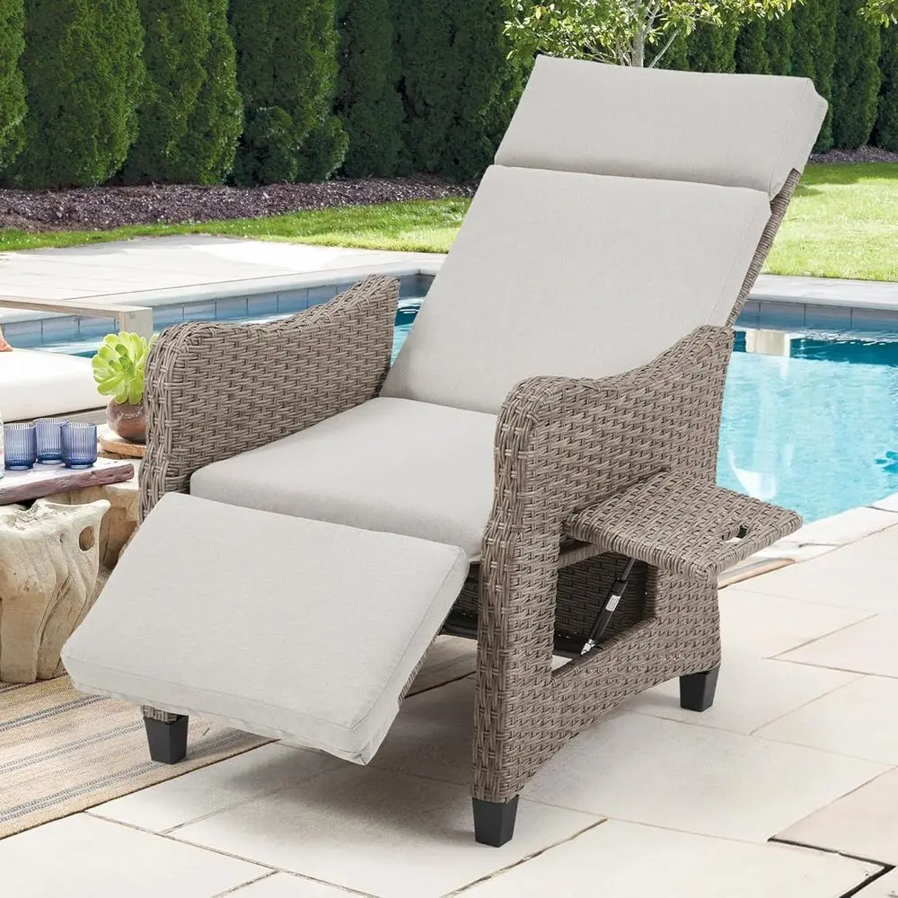 Light Gray Outdoor Wicker Recliner with 150° Backrest, Integrated Footstool, and Removable Cushion