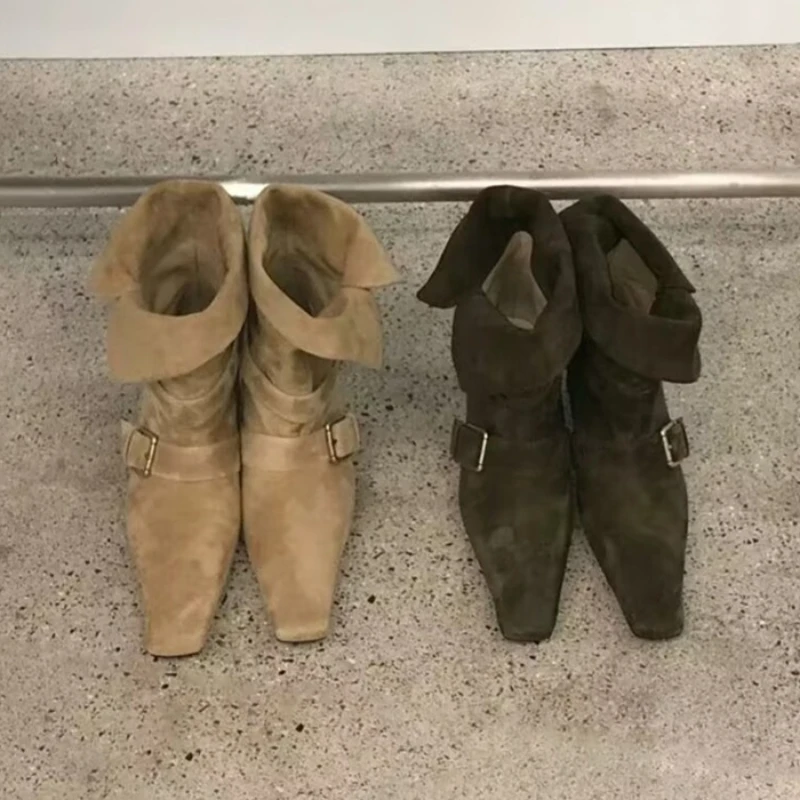 

Модные короткие сапоги в корейском стиле с квадратной головкой на тонком каблуке, женские зимние короткие сапоги с пряжкой на ремне в стиле ретро в западном стиле