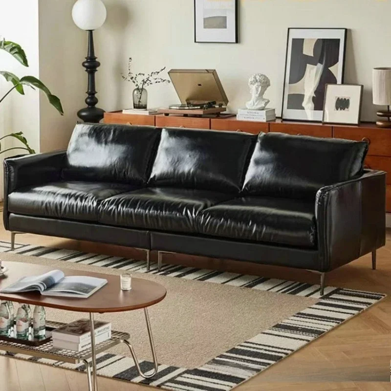 

Retro oil wax sofa living room narrow armrests medieval black leather sofa
