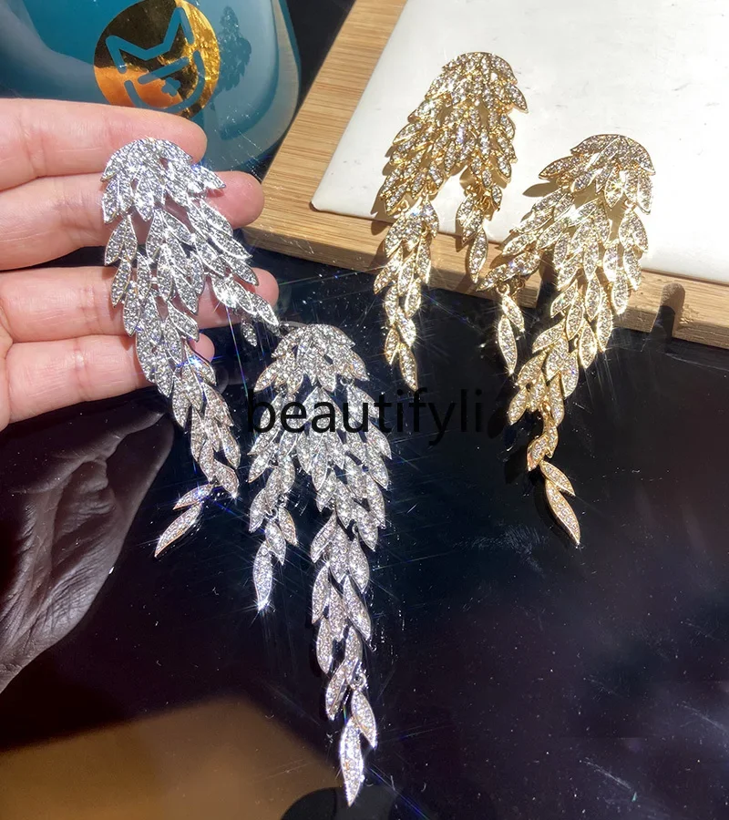 Heavy Industry Full Diamond Leaf Feather Fringed Earrings Light Luxury Premium Palm Leaf Earrings