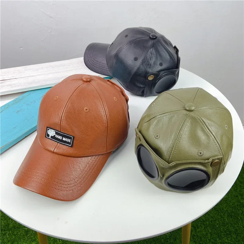 

Fashion Aviator Sunglasses Hat Leather Hundred with Duck Tongue Cap Personality Sunglasses Baseball Cap Simple Rebound Cap