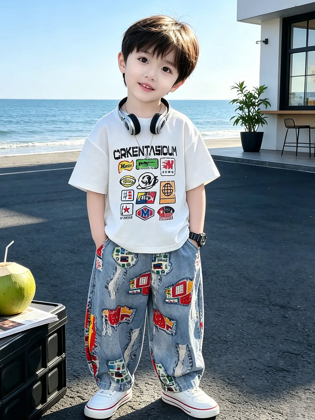 男の子夏の新スタイル薄い漫画グラフィティ半袖長ズボンセットクールファッション防蚊ツーピースセット通気性吸湿性洗濯機で洗えます