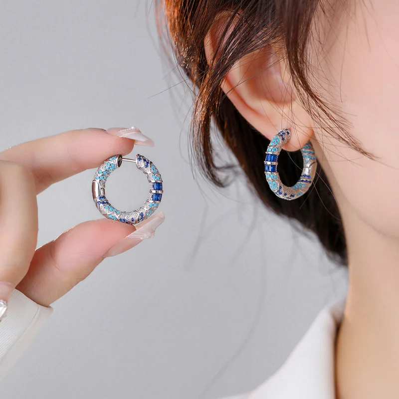 New Retro Style Blue Zircon Earrings Trendy European and American High Sense Special Interest Light Luxury Earrings Female Circl