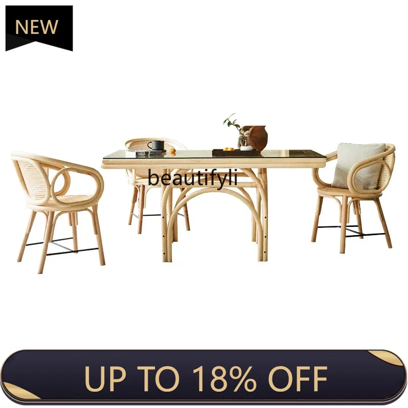 

P178 Full Rattan Dining Table Rattan Woven Dining Tables and Chairs Set Hotel Restaurant Rectangular Villa Dining Table