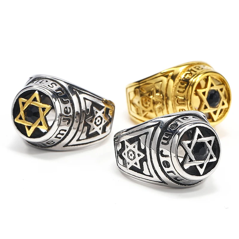 

Punk Rock Titanium Stainless Steel Jerusalem Star of David Hexagram Round Finger Rings for Men Jewelry Gold Silver Color