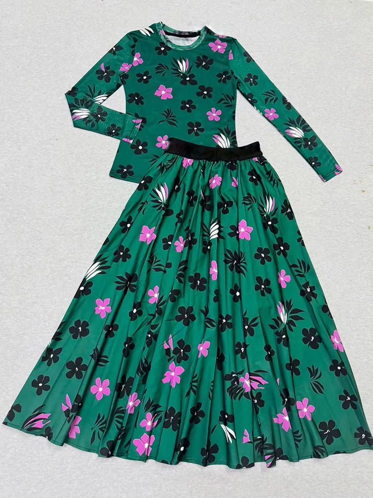 

Вязаный сетчатый пуловер с принтом в стиле ретро, комплект из двух предметов для осенней женской одежды 2025 + свободная юбка с эластичной резинкой на талии, модный комплект