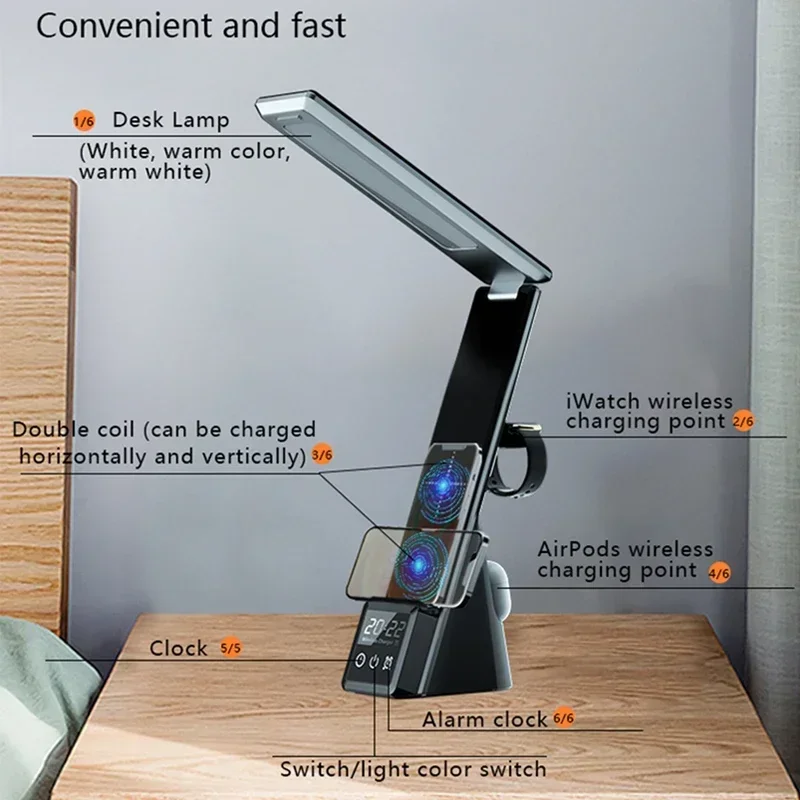 Imagem -03 - Dimmable Led Reading Table Lamp 15w Carregador sem Fio Rápido Relógio Controle de Toque Candeeiro de Mesa Dobrável para Casa Escritório Aprendizagem