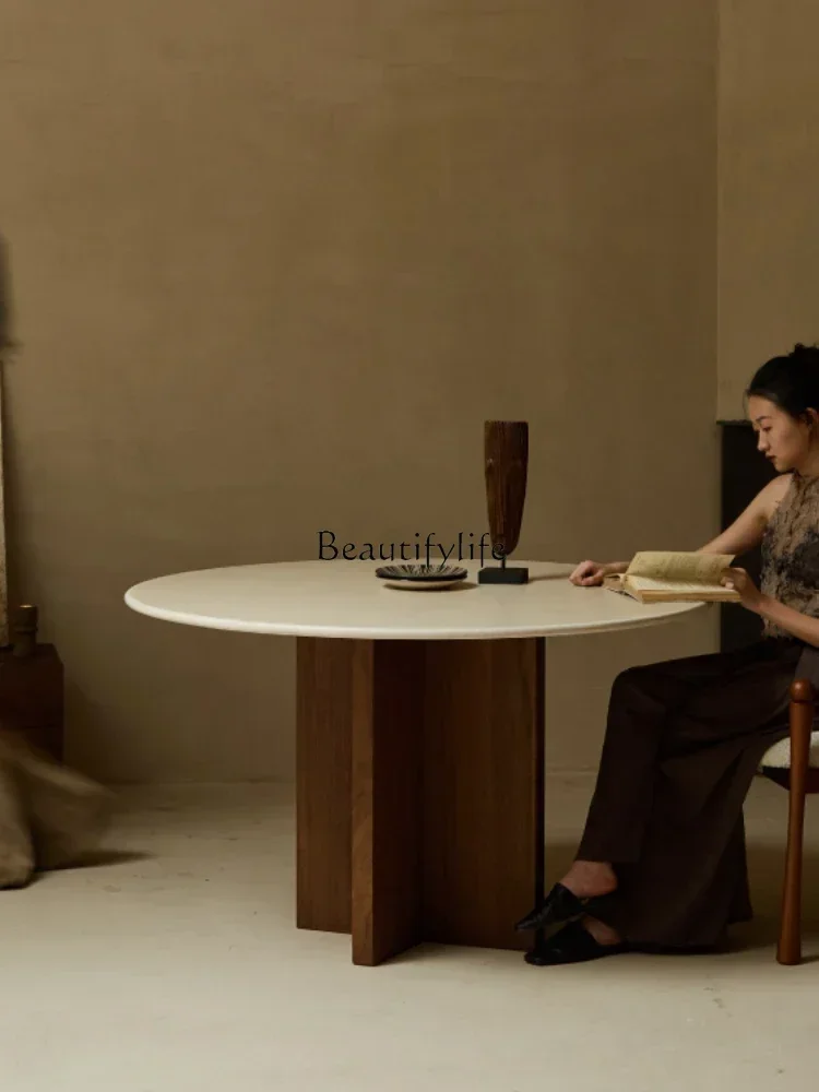 

NEW Medieval solid wood marble dining table light luxury Nordic simple wabi sand wind rock slab round