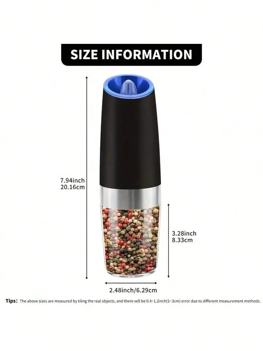 2 Pack Electric Salt and Pepper Grinder Set, One Hand Automatic Gravity Mill with Adjustable Coarseness, LED Light Battery Powered Stainless Steel Spice Grinder for Home Kitchen Dining BBQ
