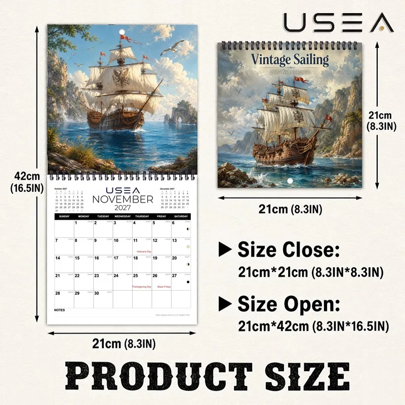 2027 Wall CalendarVintage Sailing USEA, 12-Month Planner with Habit Tracker, US Holidays & Lunar Phases