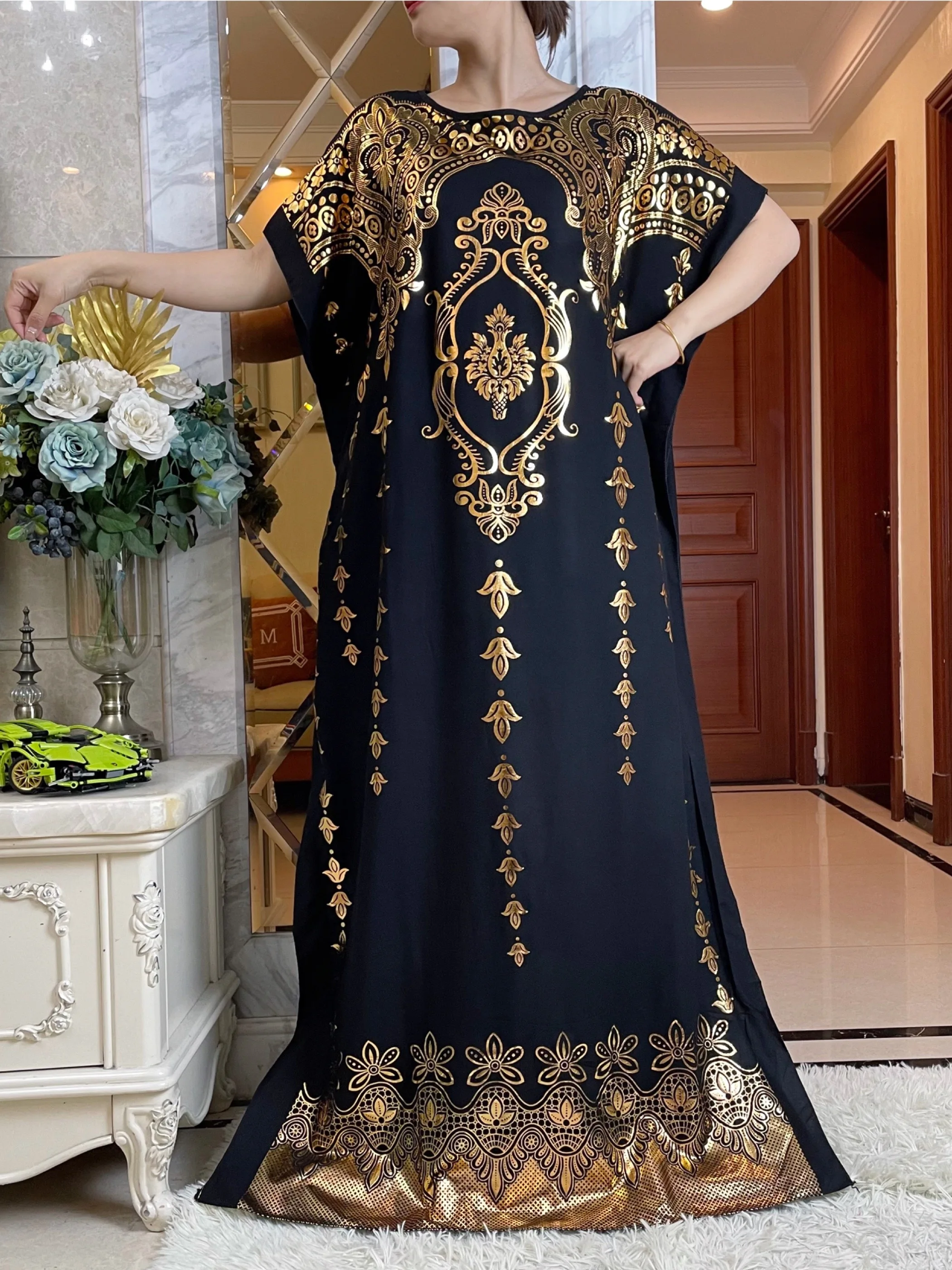 Vestido largo de algodón para mujer, Túnica musulmana de manga corta con estampado dorado, holgada con bufanda grande, Abaya africana, 2024