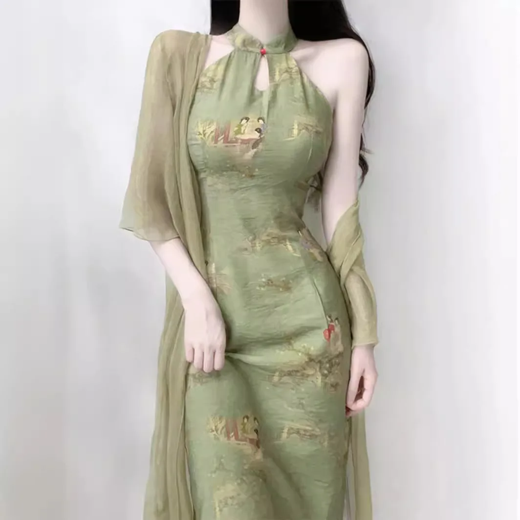 2024 Groene Chinese Stijl Cheongsam One Set Vintage S Tot Xxl Halter Jurk Mouwloos Verbeterde Qipao Vrouwen Lange Jurk Met Sjaal