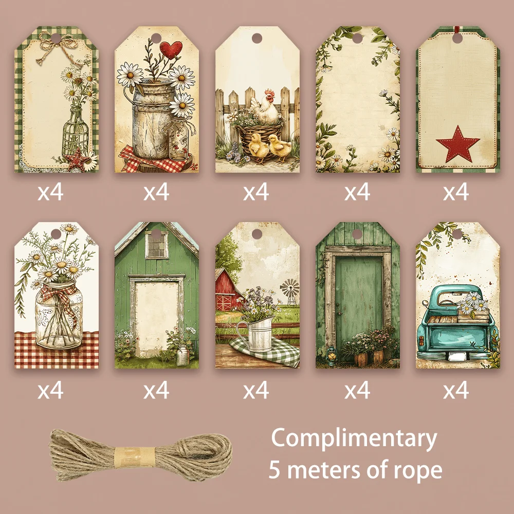 40pcs, Gift Tags, American Country Farm Botanical, Hanging Paper Labels for Gift Wrapping, Holiday Party Decor with String