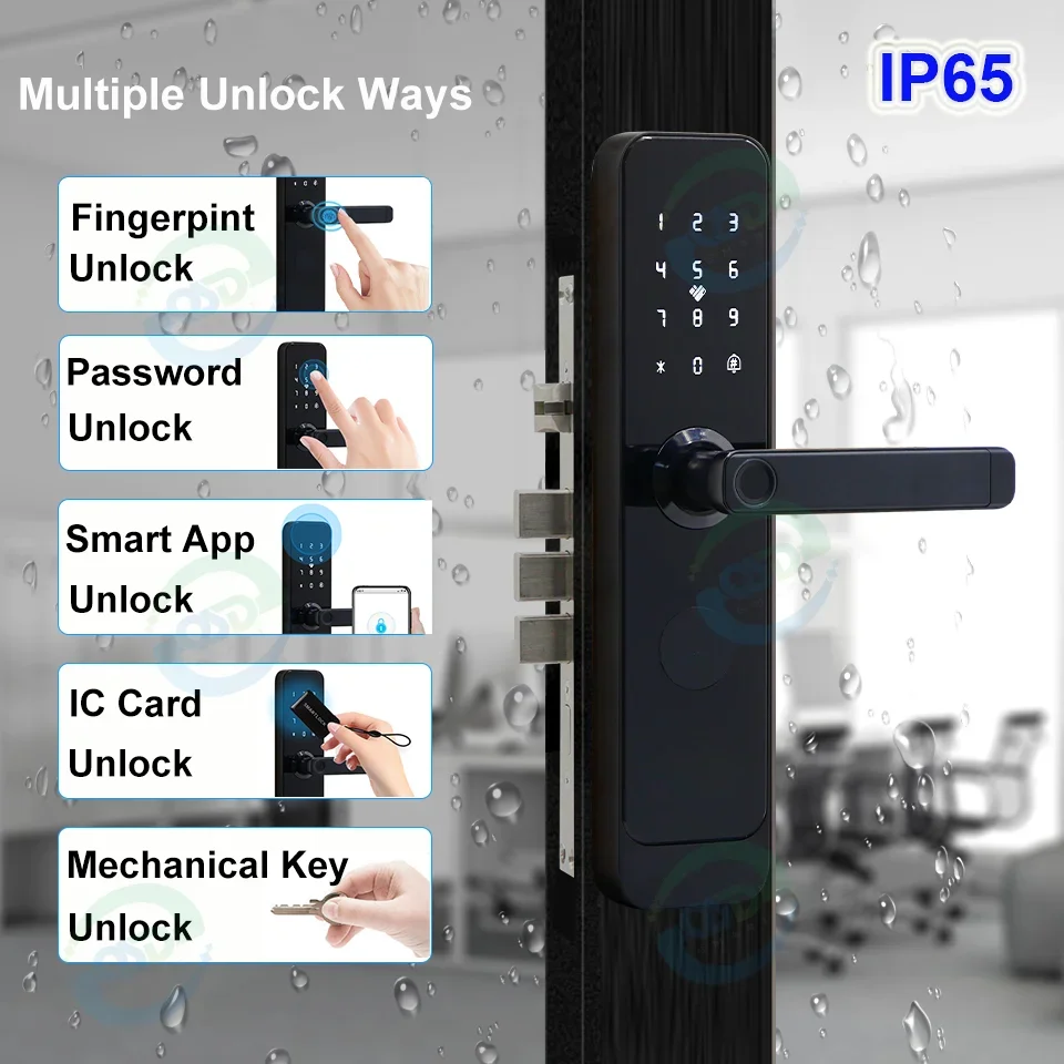 003 Waterproof Tuya Smart Lock Front Door TTlock WIFI Aluminum Fingerprint Recognition Keyless Electronic Handle Smart Door Lock