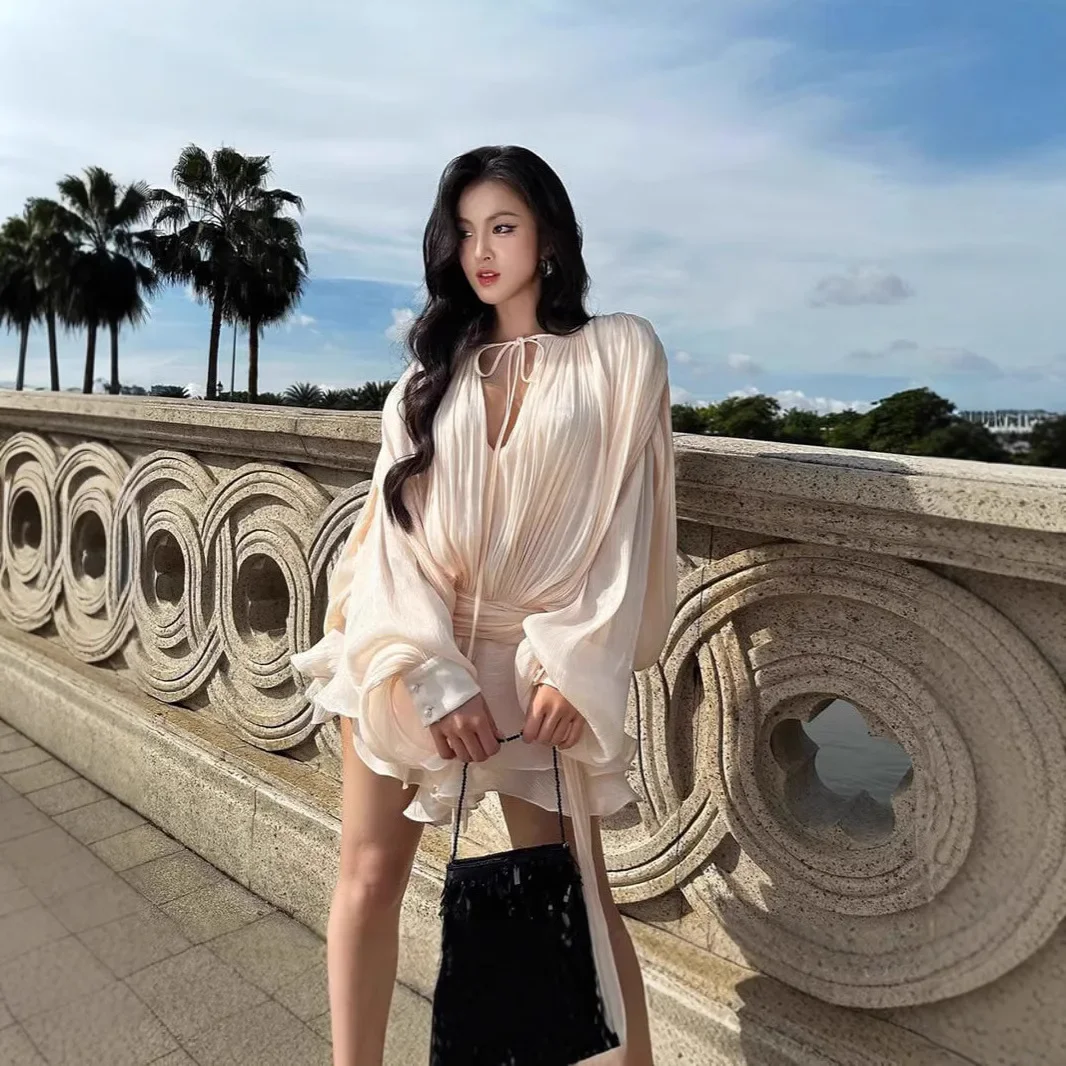 

Elegant Ruffles Lace Up Dress Women Loose V Neck Long Sleeve Pleated Mini Dresses 2025 Spring Summer New Lady Robes Sexy Dress