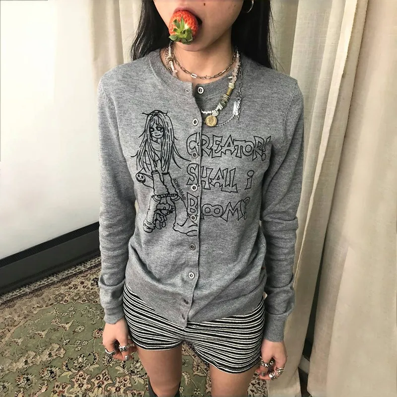 Karrram Japanese Y2k Anime Print Cardigans Vintage Harajuku Knitted Outerwears Korean Style Grey Knitwear American Retro 2000s