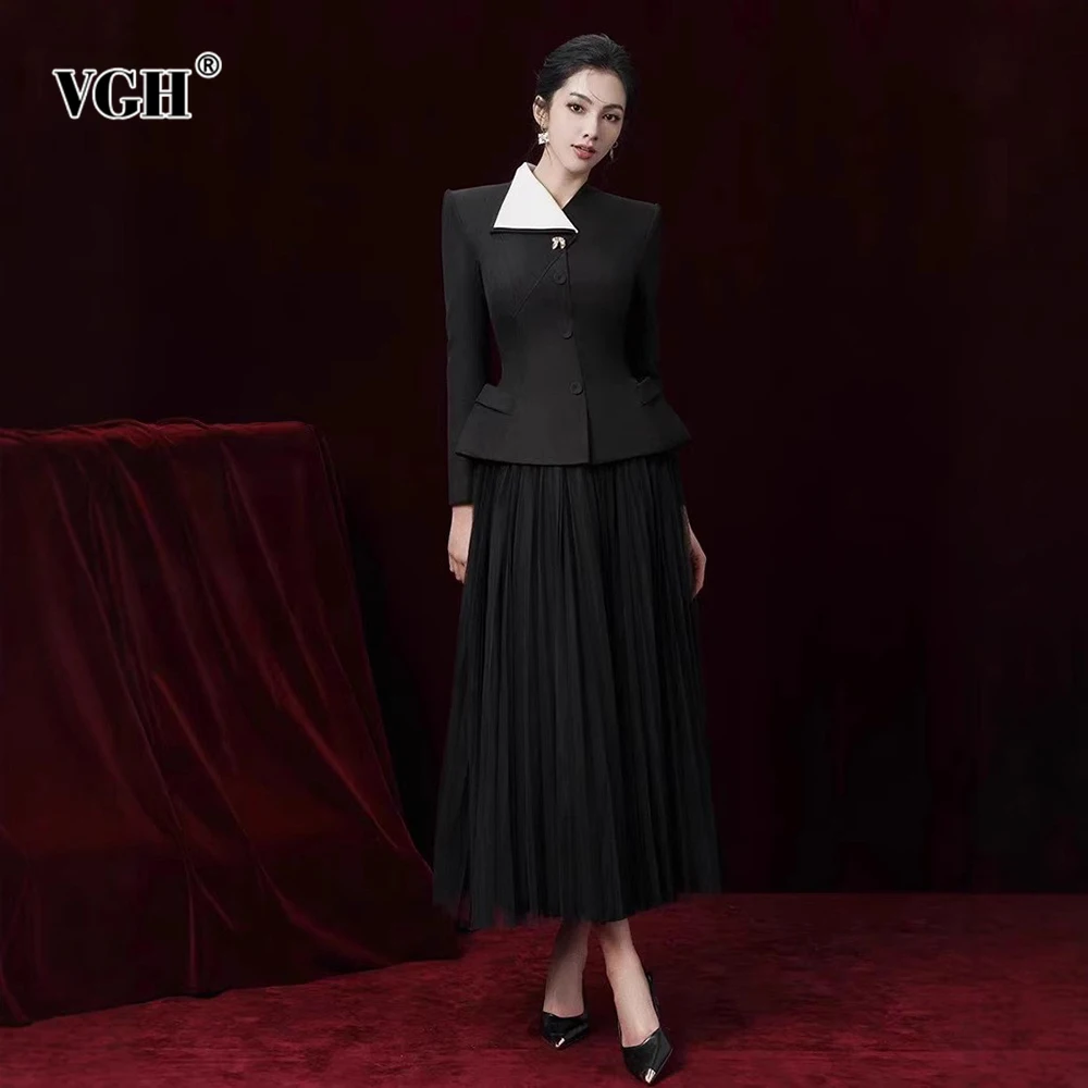 VGH Elegante afslankende tweedelige sets voor vrouwen V-hals met lange mouwen Top Hoge taille Gedrapeerde chiffon rok Chique set Vrouwelijke mode Nieuw