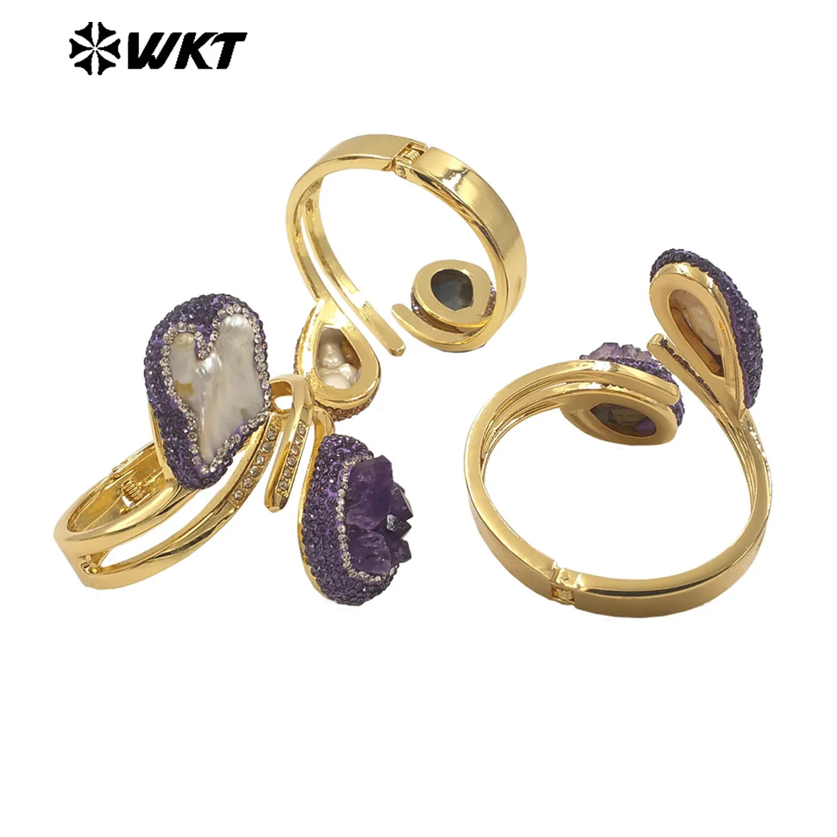 MPB126 Newest Unique Design 18K Gold Plated Bangles With Natural Amethyst Stone And Pearl Adjustable Size For Women Jewelry