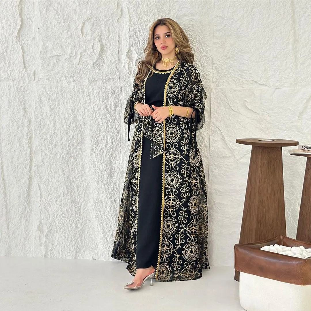 Middle East 2026 Fashion Women's Printed Elegant Luxury Casual Trendy Daily Loose 2 Pieces Sets Long Sleeve Abaya Dress Sashes