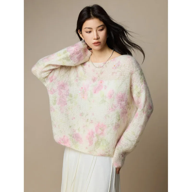 Femmes Mohair laine pull automne hiver coréen 30% Mohair 27% laine florale perles pulls, hauts