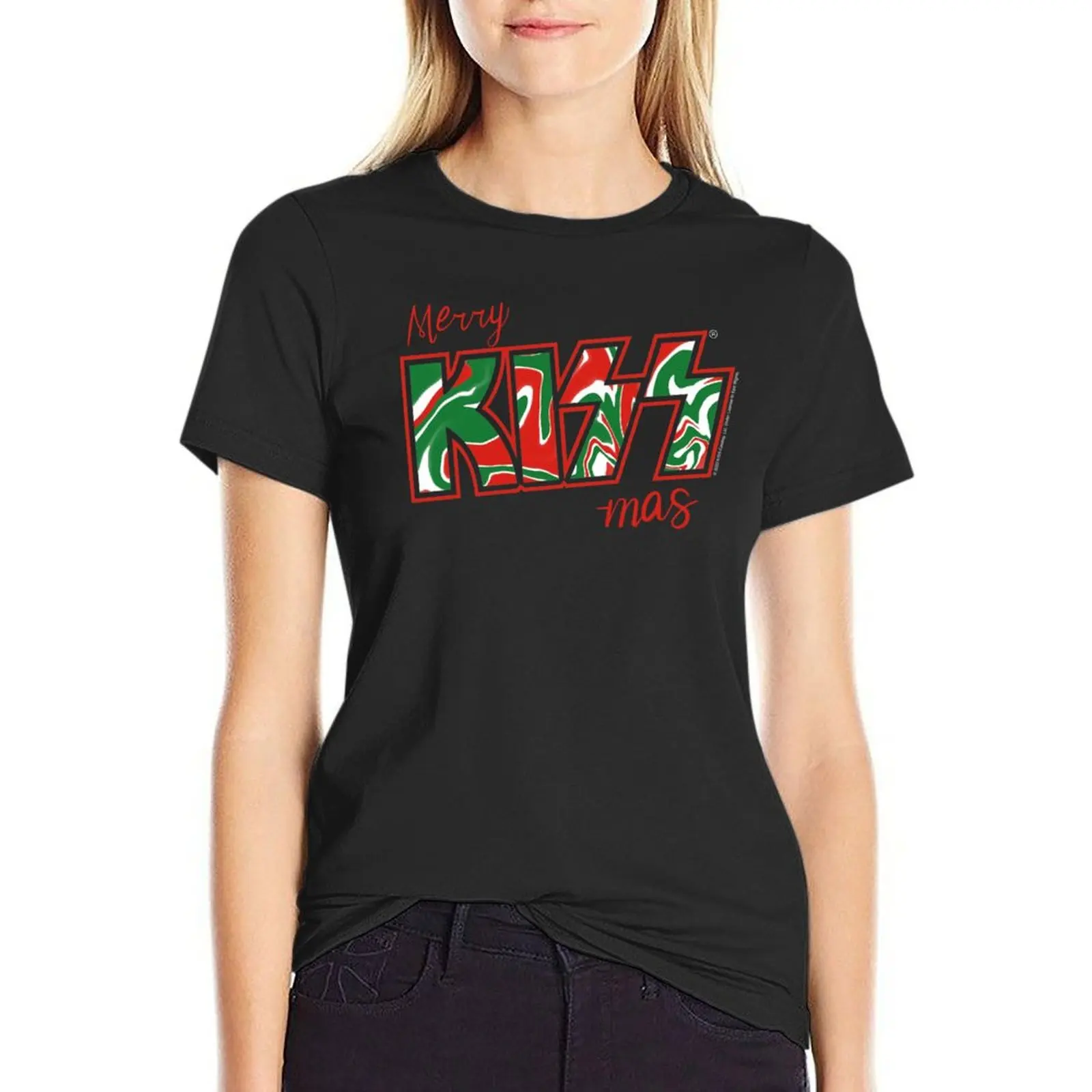 Merry Kiss-Mas Christmas Kiss The Band Logo Red Dark T-Shirt cute tops shirts graphic tees t shirts for Womens