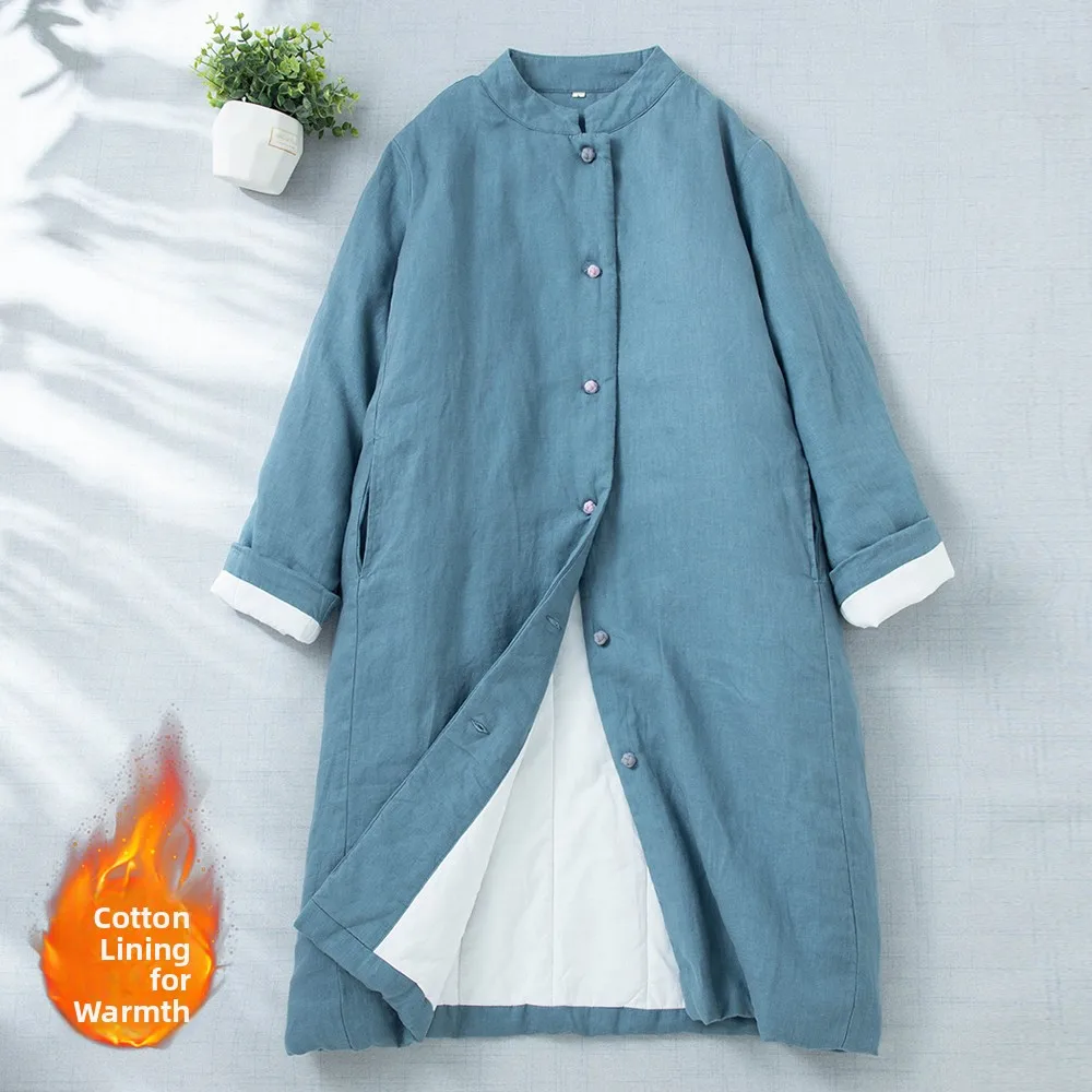 

Thiened Cotton Linen Jaet Women Winter Middle-Length Retro Stand Collar Lightweight down Cotton Coat Long Sve Loose Fit