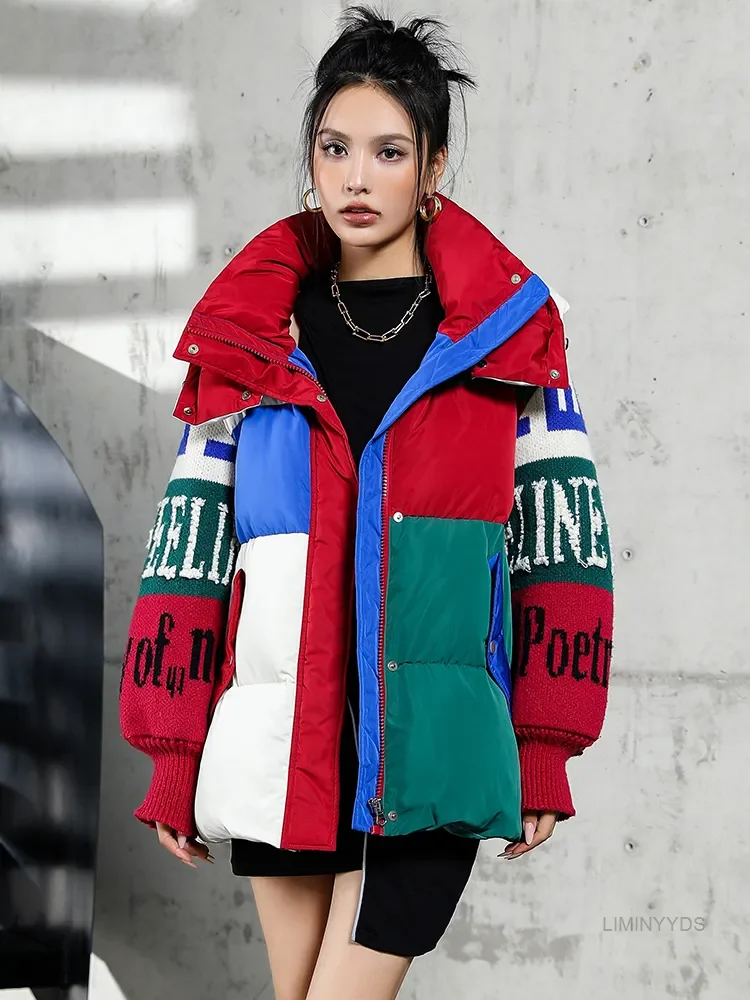 2023 New Fashion Streetwear Letter Stitching Puffer Jacket Women\'s Loose Parkas Winter Female Thick 90% Duck Down Coat