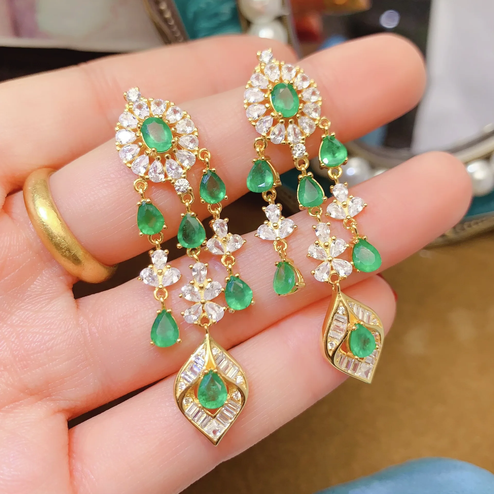 Natural Emerald Long Tassel Earrings 4\*5mm Oval & Pear Gem Gold Plated S925 Silver Multi Cut White Zircon Women Green Jewelry