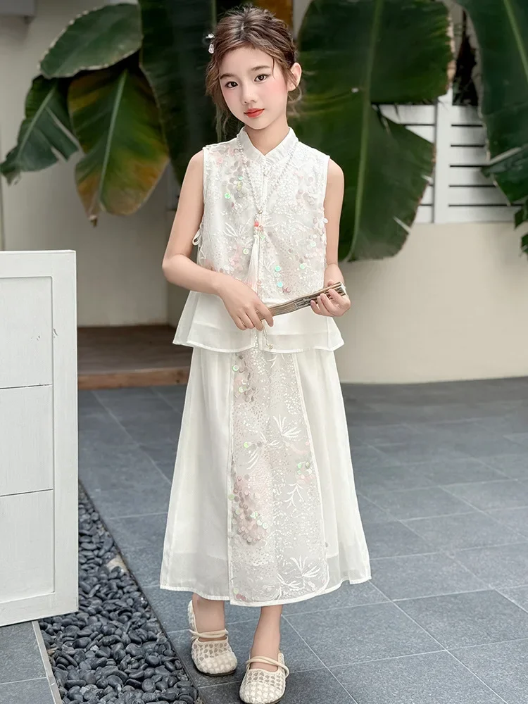 

2025Girls' Summer New Chinese Style Sleeveless Elegant Embroidered Vest Dress Pants Ancient Style Hanfu Princess Dress