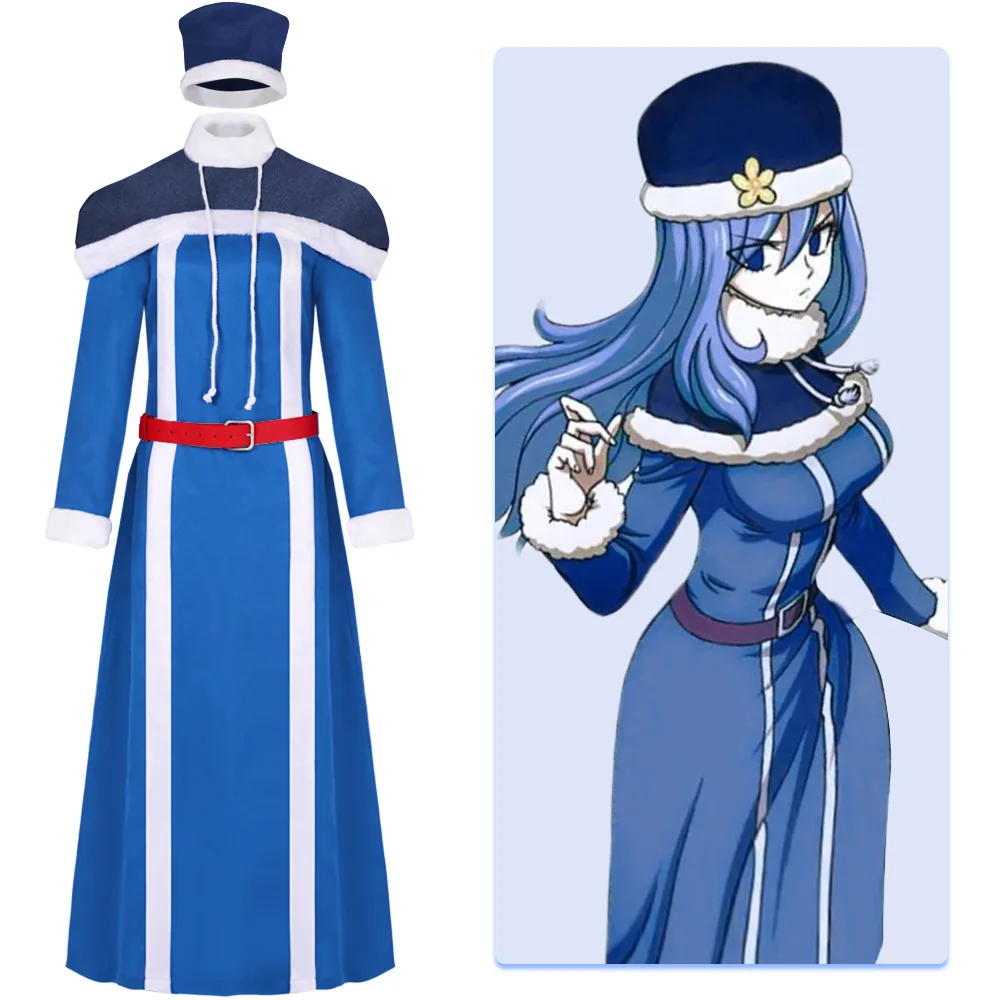 

Anime Juvia Cosplay Costume Woman Blue Long Sleeve Dress Dark Blue Shawl Hat Suit Halloween Carnival Party Adult Girls Clothing