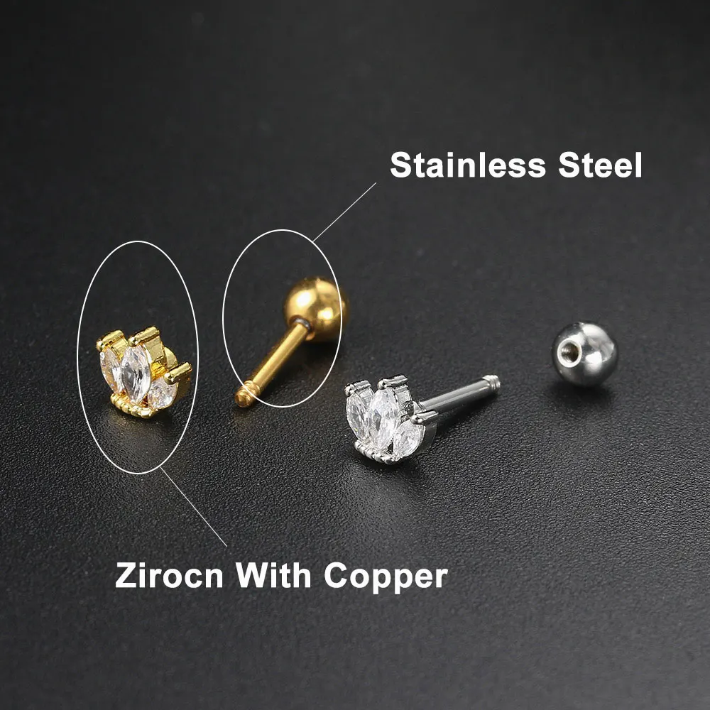 Zircon Ear Piercing For Women Stainless Steel Moon Flower Cartilage Stud Earrings Helix Tragus Rook Flat Piercing Jewelry 1PC