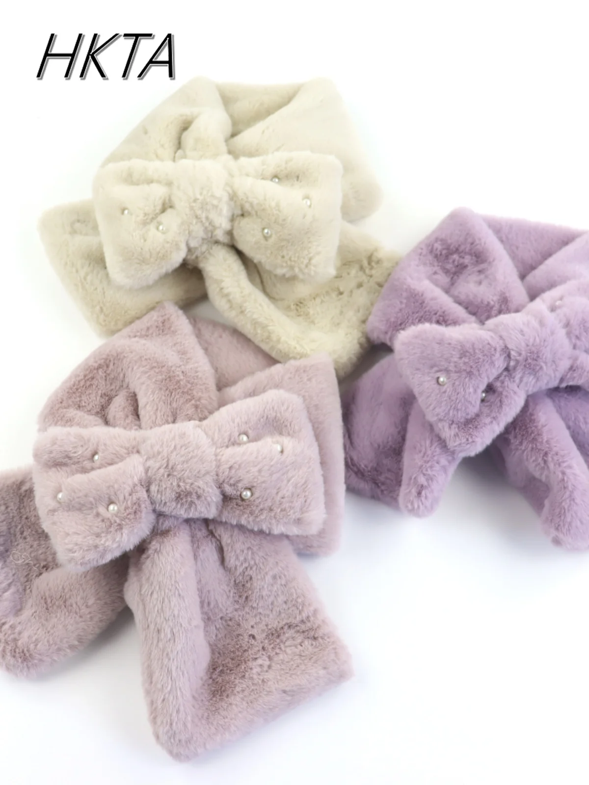 Sweet Bow Imitation Rabbit Fur Cute Plush Scarf Japanese Winter New Warm Girl Solid Color Soft Sweet Lolita Bead Scarf Shawl