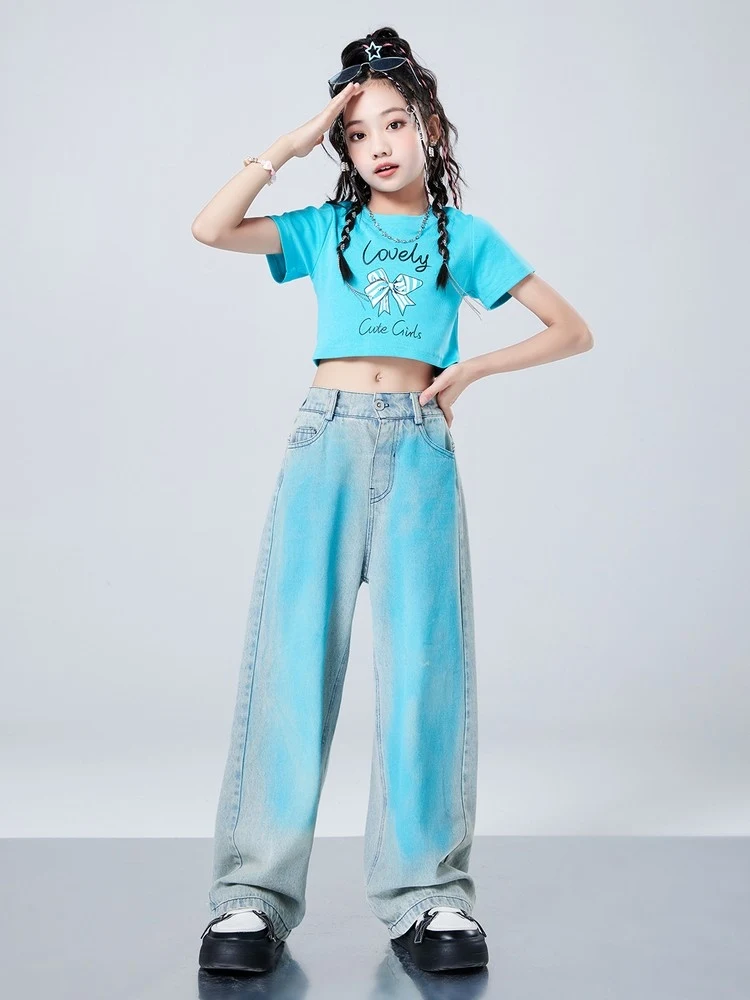 Blue Jazz Dance Costume Girls Crop Tops Jeans Kpop Outfits Kids Hip Hop Dance Clothes Performance Clothing Stage Wear BL13199