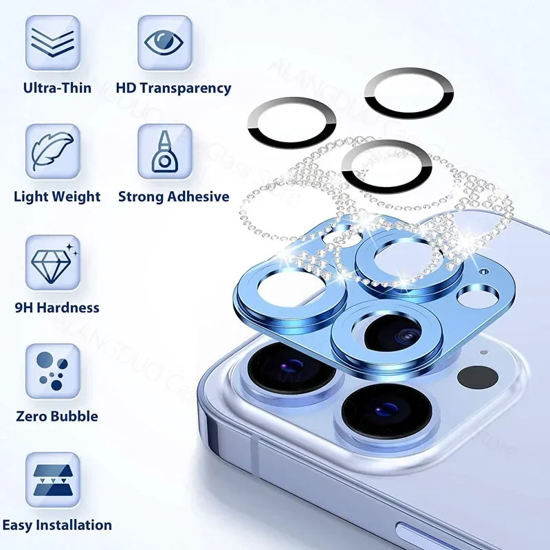 Camera Lens Protector For IPhone 14 13 12 11 Pro Max Glitter Rhinestones Camera Protector For IPhone 13 14 Plus 12 13Mini Glass