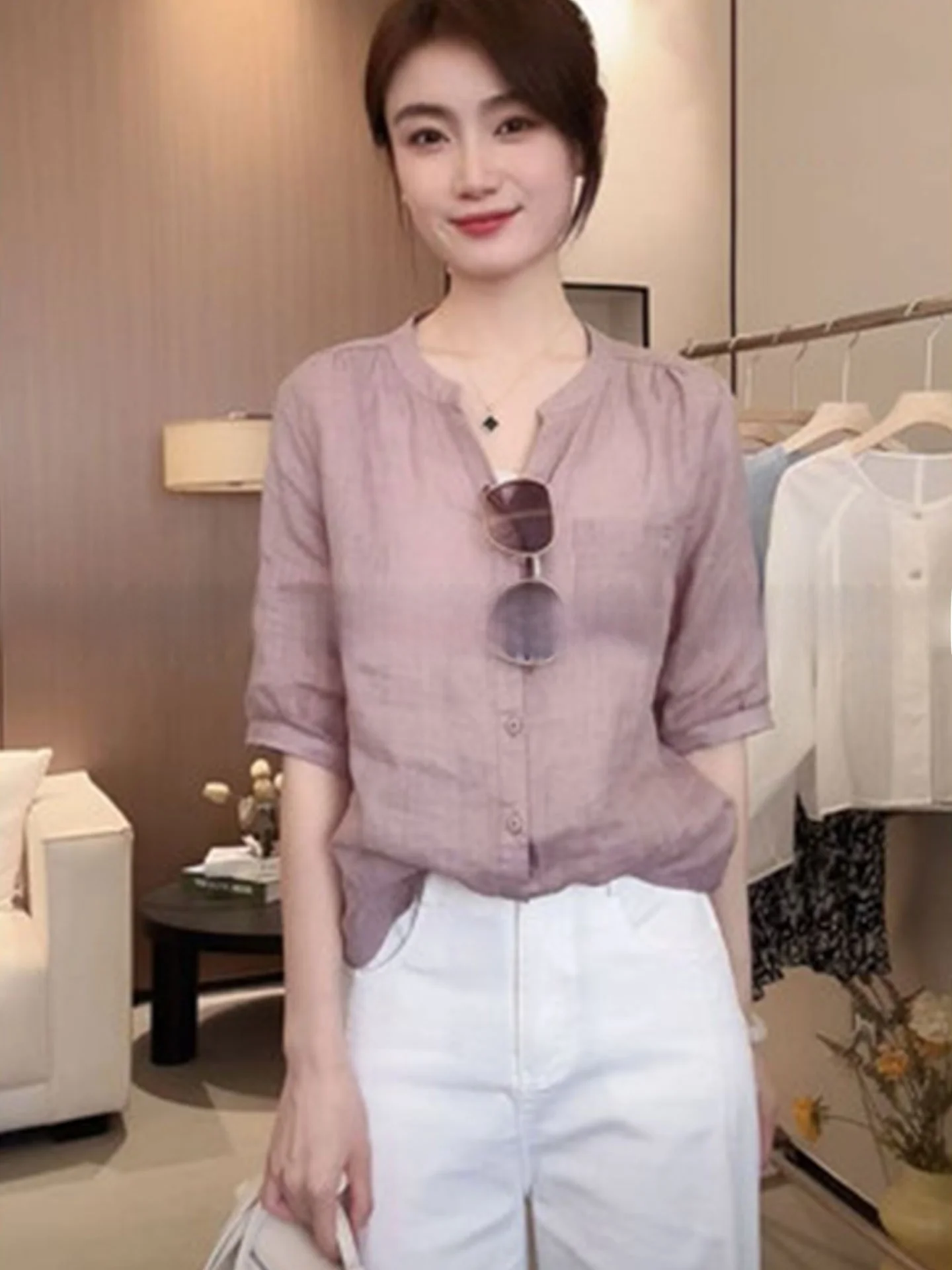 

Ele Chic Single-Button Chiffon irt Lightweight ort-Sve Women's Top Korean Sle Commute Straight-Body Pure Color