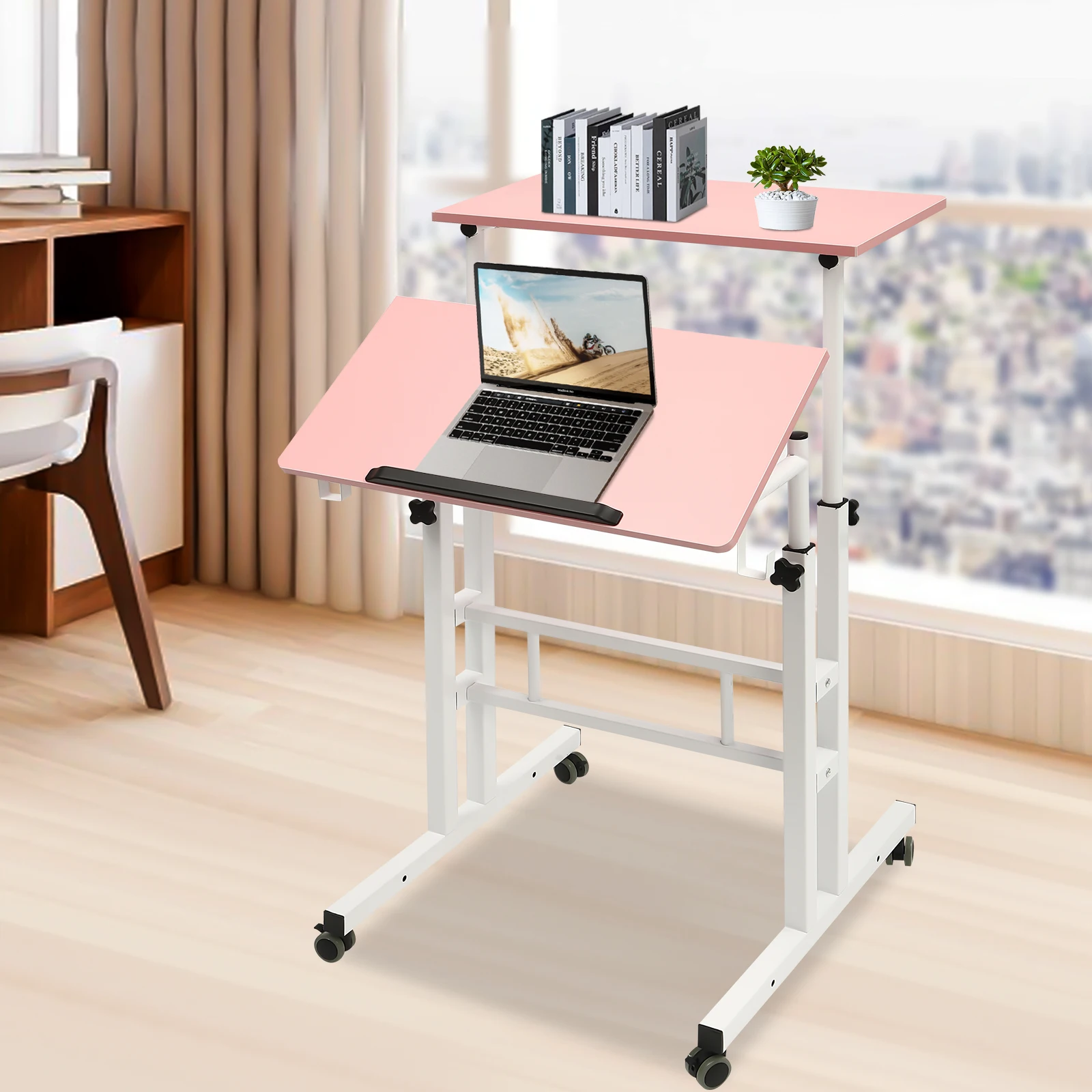 

Mobile Height & Desktop Adjustable Standing Desk with Socket, Stand Up Computer Workstation Portable Table for Bed Couch School