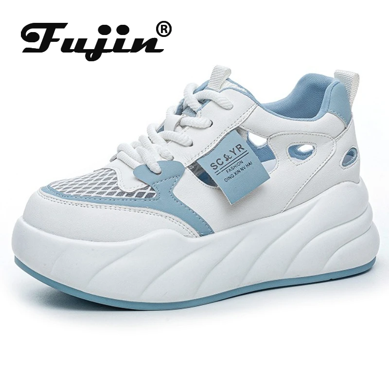 

Fujin 8 см воздушная сетка из искусственной кожи из микрофибры, дышащие туфли на плоской подошве, полые массивные кроссовки, модные сандалии на танкетке, женская обувь на плоской подошве
