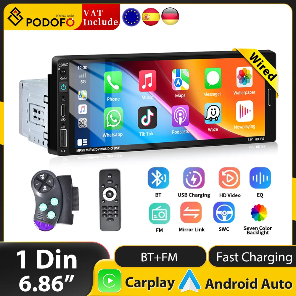 Podofo Android Carplay 1 Din GPS Car Stereo Radio 2.5D Car MP5 Player with BT WIFI GPS FM Radio Receiver Suppport Rear Camera