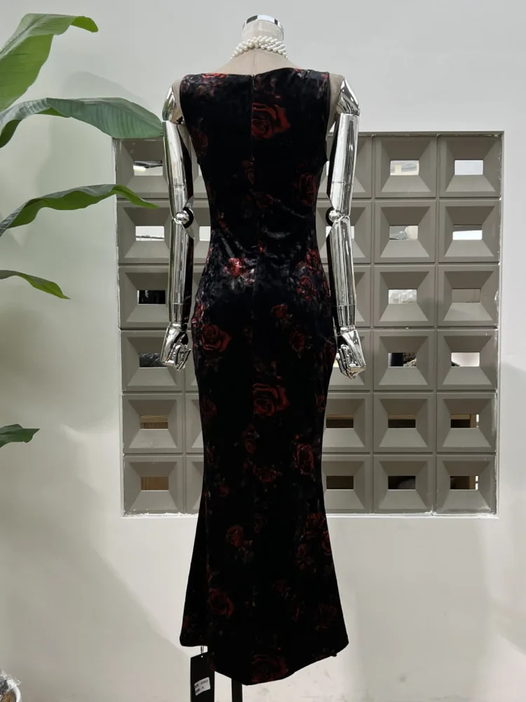 DFDG 2025, Frühling, Sommer, Damen, Vintage, eleganter Druck, Rundhalsausschnitt, ärmelloses Kleid, figurbetontes Meerjungfrau-Abendkleid