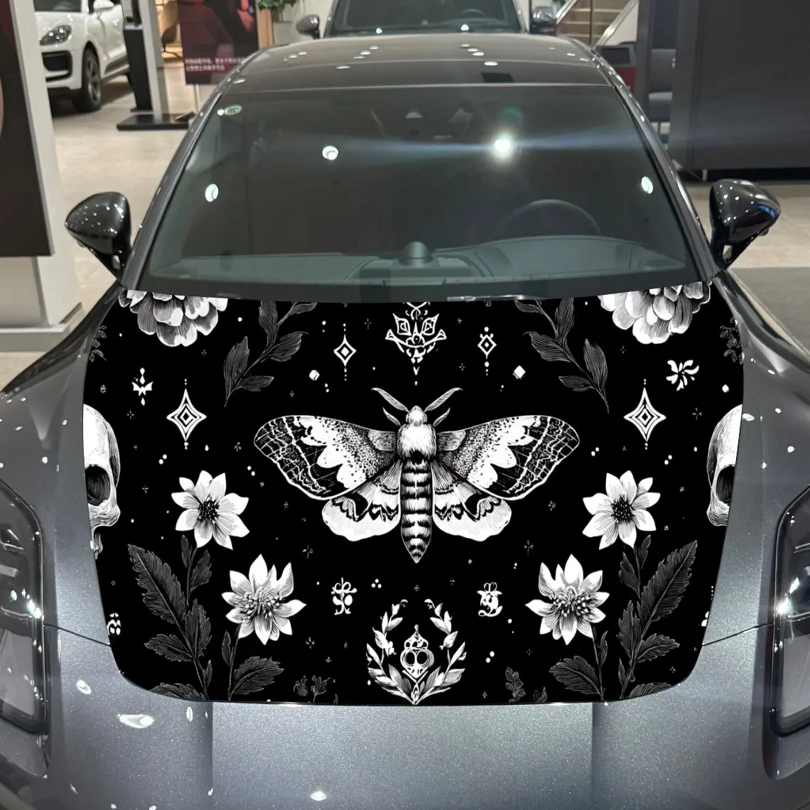 

Автомобильная наклейка с цветочным рисунком и художественным фоном черепа и наклейка на капот автомобиля в мистично-готическом стиле, водонепроницаемая самоклеящаяся виниловая наклейка