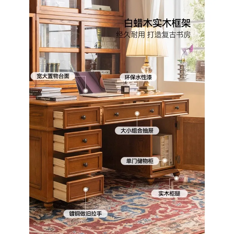 American solid wood desk boss table office computer and chair combination class desk retro calligraphy study writing