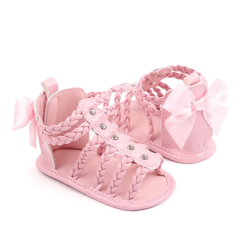 Babyshoes Girls Roman Sandals Open Toe Braided Solid Color Simple Rivets New Summer Hollow Flat Casual Shoes Kids Fashion Casual