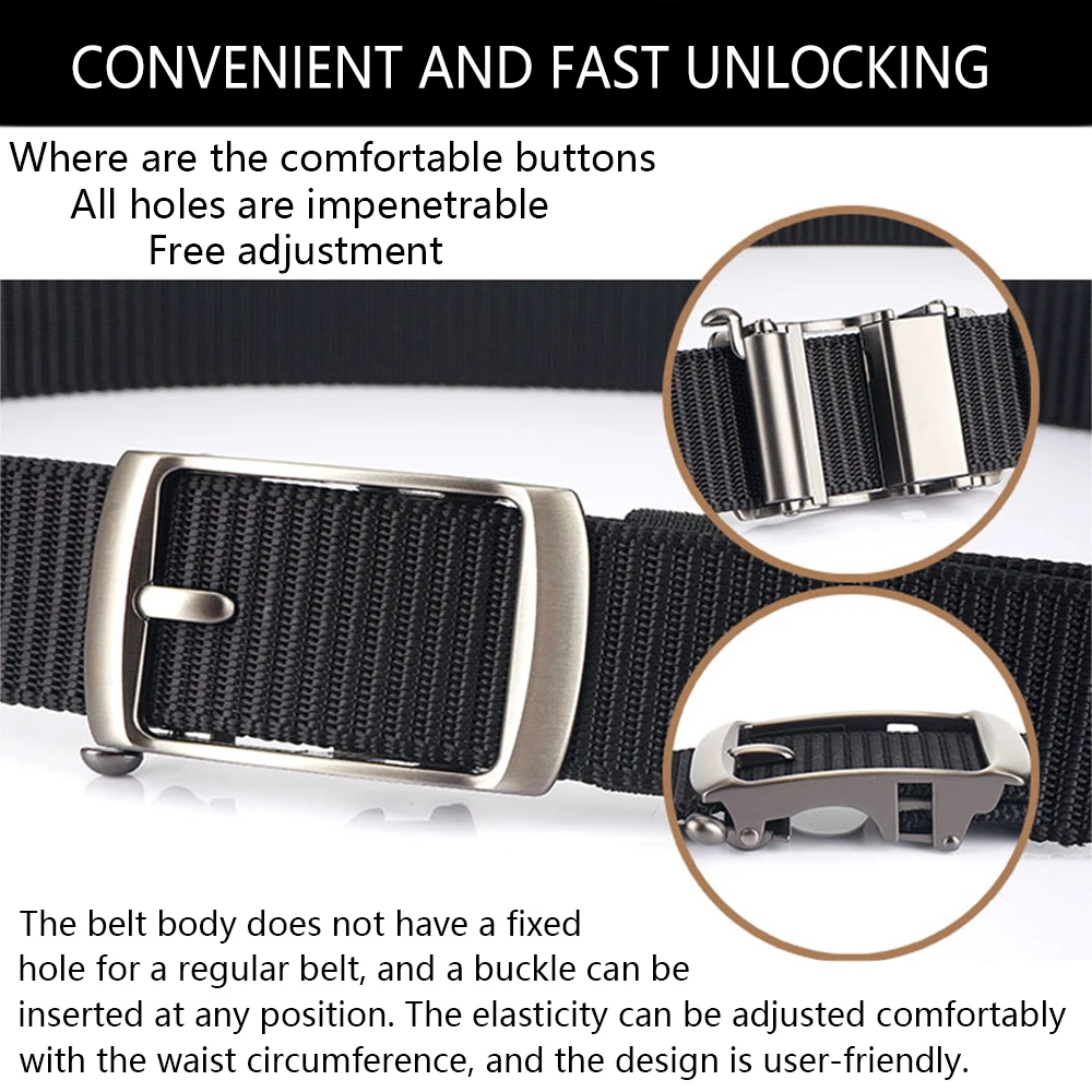 TUSHI New Men's Belt Automatic Metal Buckle Nylon Webbing Outdoor Work Belt Toothless Automatic Buckle Casual Sports Canvas Belt