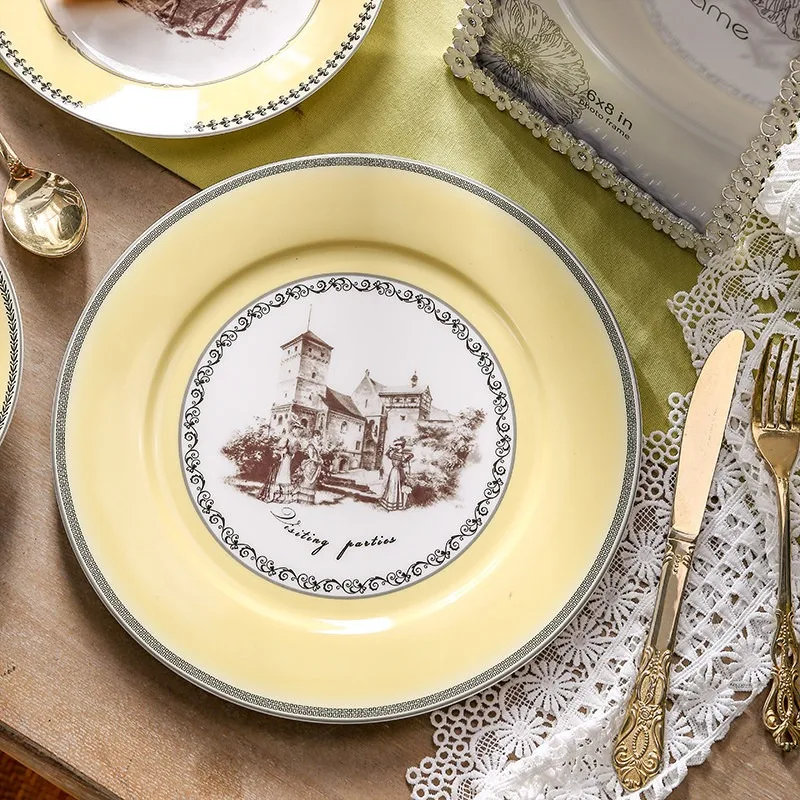 Nordic Classical Ceramic Plates Rural Palace Bone China Dinner Plate Hunter Oil Painting Decorative Overglaze Cake Dessert Dish